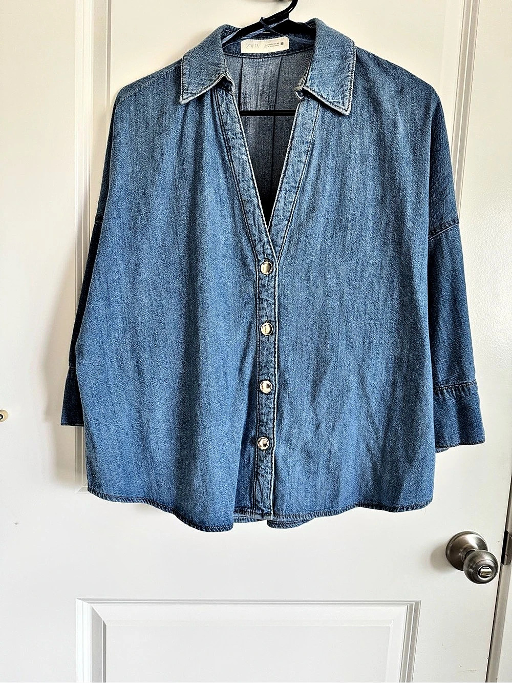 Zara Z1975 Wide Sleeve Denim Shirt Blue